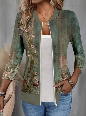 Long Sleeve Floral Zipper Regular Micro-Elasticity Loose Jacket For Women