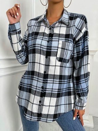 Shirt Collar Long Sleeve Plaid Buckle Regular Loose TUNIC Blouse For Women