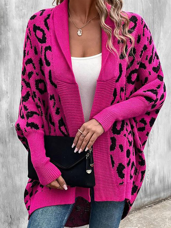 Women Yarn/Wool Yarn Leopard Long Sleeve Comfy Casual Cardigan