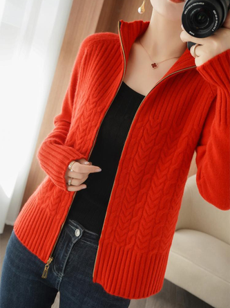 Women Wool/Knitting Plain Long Sleeve Comfy Casual Zipper Cardigan