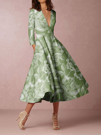 Women Floral V Neck Long Sleeve Comfy Casual Maxi Dress