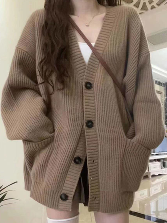 Women Wool/Knitting Plain Long Sleeve Comfy Casual Buckle Cardigan