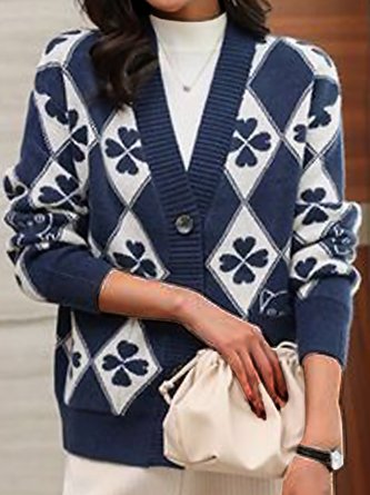Women Wool/Knitting Geometric Long Sleeve Comfy Casual Buckle Cardigan