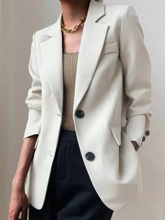 Lapel Collar Long Sleeve Plain Buckle Regular Loose Blazer For Women