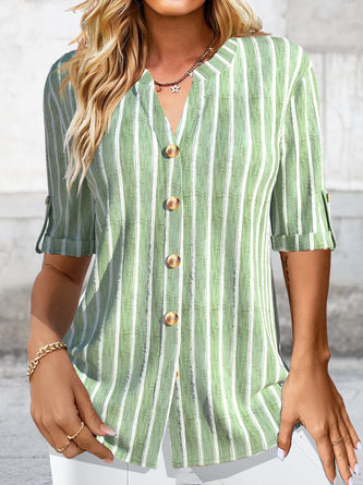 Notched Long Sleeve Striped Buttoned Regular Micro-Elasticity Loose Blouse For Women