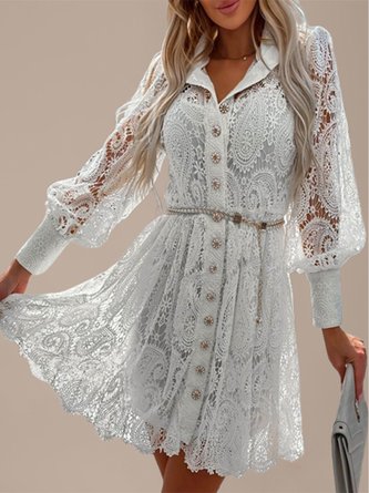 Women Lace Shawl Collar Long Sleeve Comfy Party Lace Short Dress