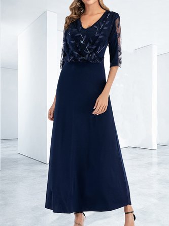 Women Plain V Neck Half Sleeve Comfy Casual Lace Maxi Dress