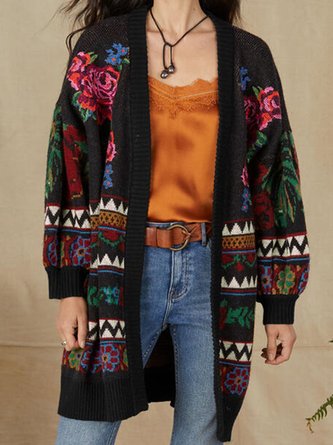 Women Yarn/Wool Yarn Floral Long Sleeve Comfy Boho Cardigan