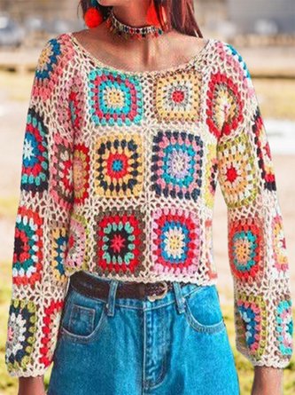Women Woven Ethnic Long Sleeve Comfy Boho Hollow Out Sweater