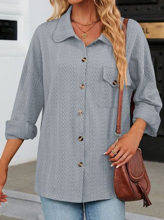 Shawl Collar Long Sleeve Plain Jacquard Regular Micro-Elasticity Loose TUNIC Blouse For Women