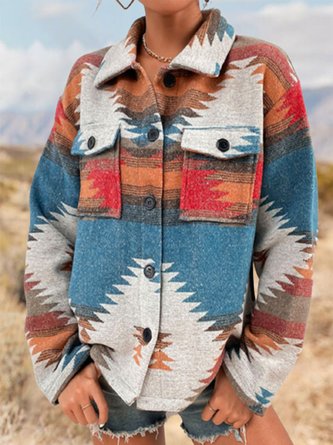 Shawl Collar Long Sleeve Ethnic Buckle Regular Loose Jacket For Women