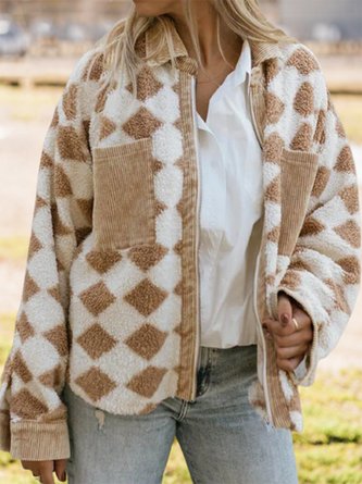 Shawl Collar Long Sleeve Geometric Split Joint Fleece Loose Teddy Jacket For Women