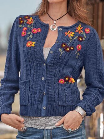 Women Yarn/Wool Yarn Floral Long Sleeve Comfy Boho Buckle Cardigan