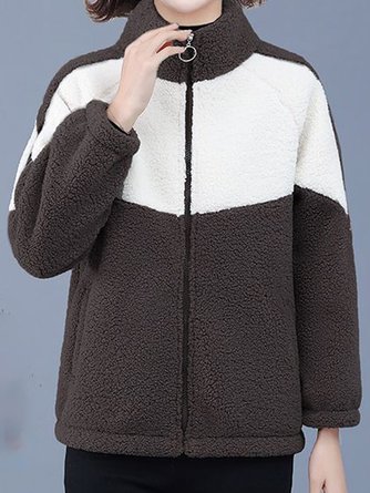 Stand Collar Long Sleeve Color Block Zipper Fleece Loose Teddy Jacket For Women