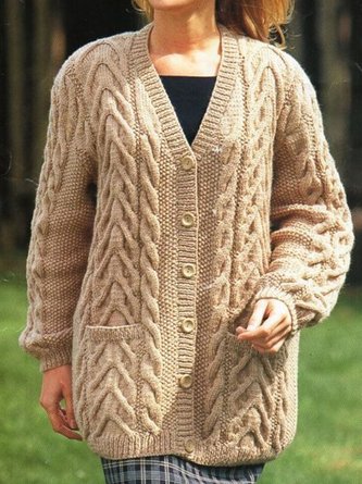 Women Yarn/Wool Yarn Plain Long Sleeve Comfy Casual Buckle Cardigan