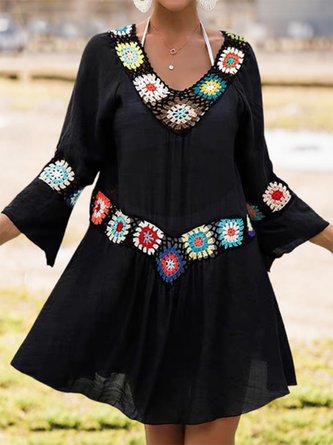 Women Ethnic Geometry V Neck Long Sleeve Comfy Boho Split Joint Short Dress