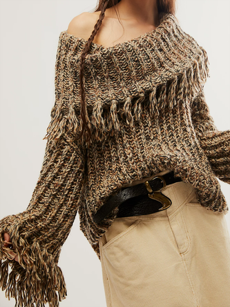 Women Yarn/Wool Yarn Plain Long Sleeve Comfy Boho Tassel Sweater