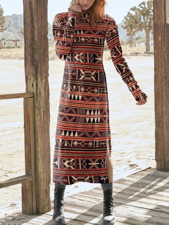 Women Ethnic Stand Collar Long Sleeve Comfy Boho Maxi Dress