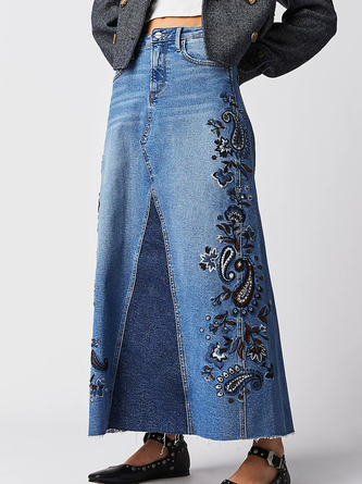 Boho Floral A-Line Natural Embroidery Maxi Skirt