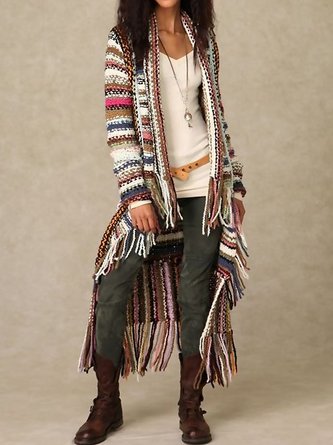 Women Yarn/Wool Yarn Striped Long Sleeve Comfy Boho Tassel Cardigan