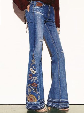 Floral Embroidery Pockets Boho Denim Jeans