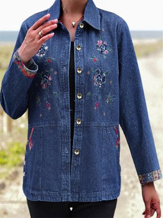 Ethnic Boho Embroidery Floral Long Sleeve Buckle Pockets Denim Jacket