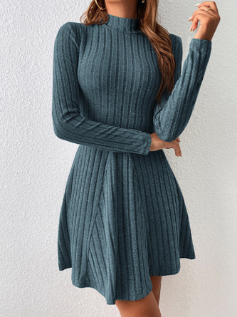 Women Plain Stand Collar Long Sleeve Comfy Casual Midi Sweater Dress