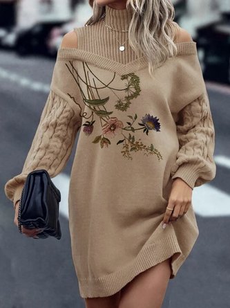 Women Plain Cold Shoulder Long Sleeve Comfy Boho Embroidery Short Sweater Dress