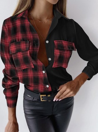 Shirt Collar Long Sleeve Plaid Buttons Regular Loose Blouse For Women