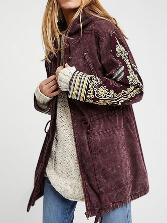 Hoodie Long Sleeve Ethnic Embroidery Regular Loose Jacket For Women