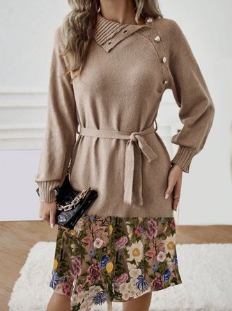 Women Plain Shawl Collar Long Sleeve Comfy Boho Lace Midi Sweater Dress