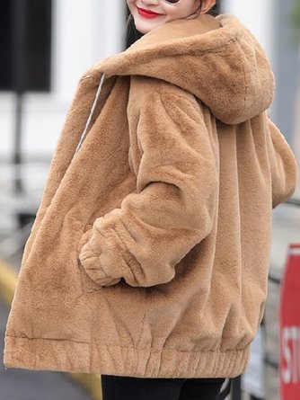 Hoodie Long Sleeve Plain Zipper Fleece Loose Hooded Teddy Jacket For Women