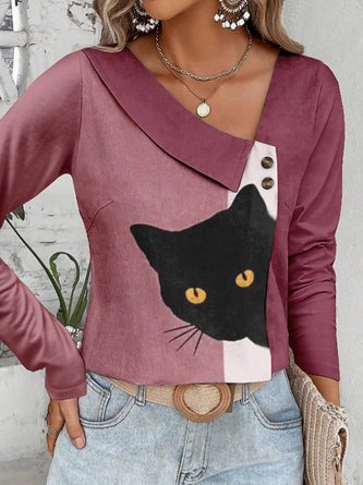 Casual Cat Asymmetrical Long Sleeve T-shirt