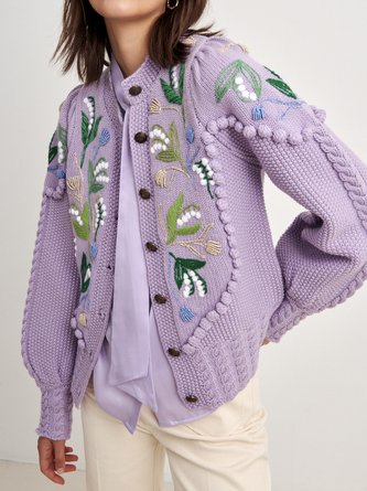 Women Yarn/Wool Yarn Floral Long Sleeve Comfy Boho Embroidery Cardigan