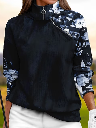 Casual Notched Floral Sweatshirt