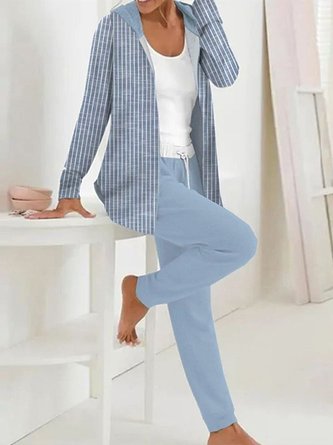 Women Striped Hoodie Long Sleeve Comfy Casual Coat With Pants Two-Piece Set