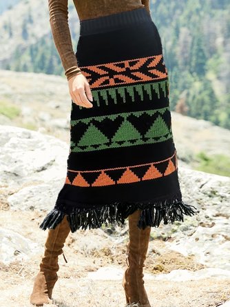 Boho Ethnic H-Line Natural Maxi Skirt