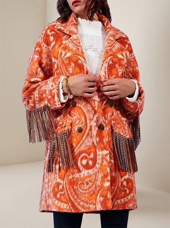 Lapel Collar Long Sleeve Ethnic Tassel Heavyweight Loose Coat For Women