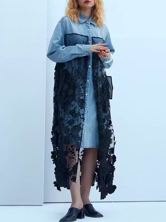 Women Lace Shirt Collar Long Sleeve Comfy Boho Split Joint Maxi Dress