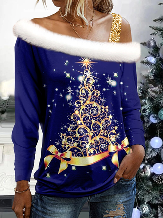 Casual Christmas One Shoulder Long Sleeve T-shirt
