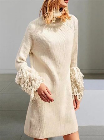 Women Plain Turtleneck Long Sleeve Comfy Boho Tassel Midi Sweater Dress