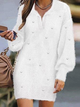 Women Plain V Neck Long Sleeve Comfy Casual Midi Sweater Dress