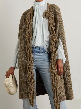 Women Yarn/Wool Yarn Plain Long Sleeve Comfy Casual Tassel Cardigan