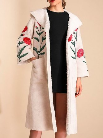 Shawl Collar Long Sleeve Floral Embroidery Thicken Loose Teddy Jacket For Women