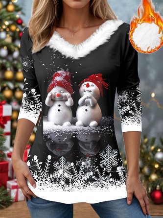 Casual Christmas Snowman V Neck Long Sleeve T-shirt