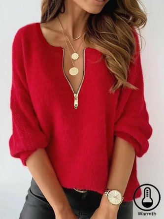 Women Yarn/Wool Yarn Plain Long Sleeve Comfy Casual Zipper Sweater