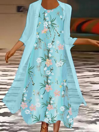 Floral Printed Round Neck Long Casual Sky Blue Dress-Two Piece Set ...