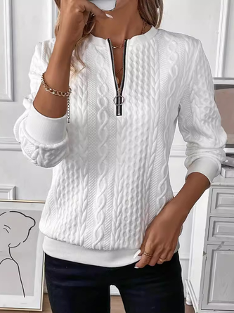 Casual Plain Crew Neck Plain Sweatshirt Zipper