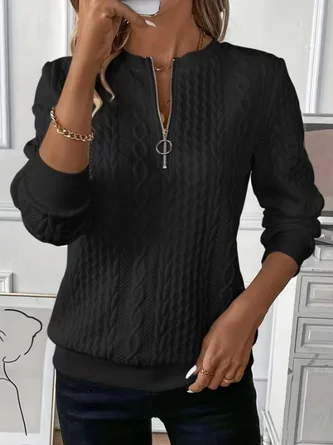 Casual Plain Crew Neck Plain Sweatshirt Zipper - Image 9