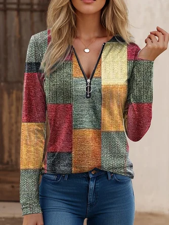 Loose V Neck Long Sleeve Plain Fashion Regular Blouse